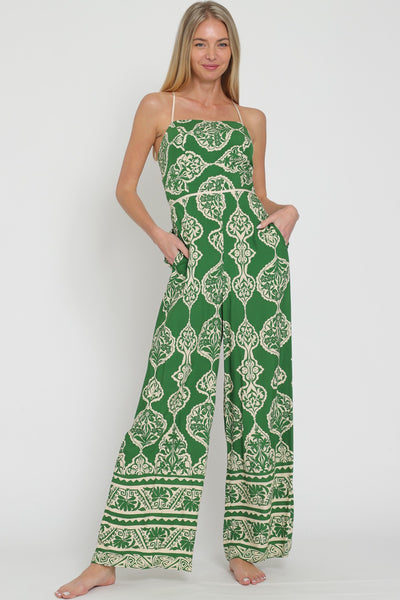 Wide Leg Jumpsuit green/ beige print